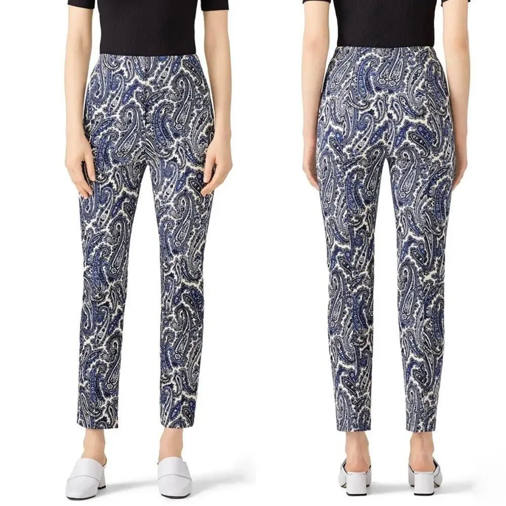 Diane Von Furstenberg Navy Blue Paisley Skinny Trouser Pants Size 6 - Picture 3 of 10